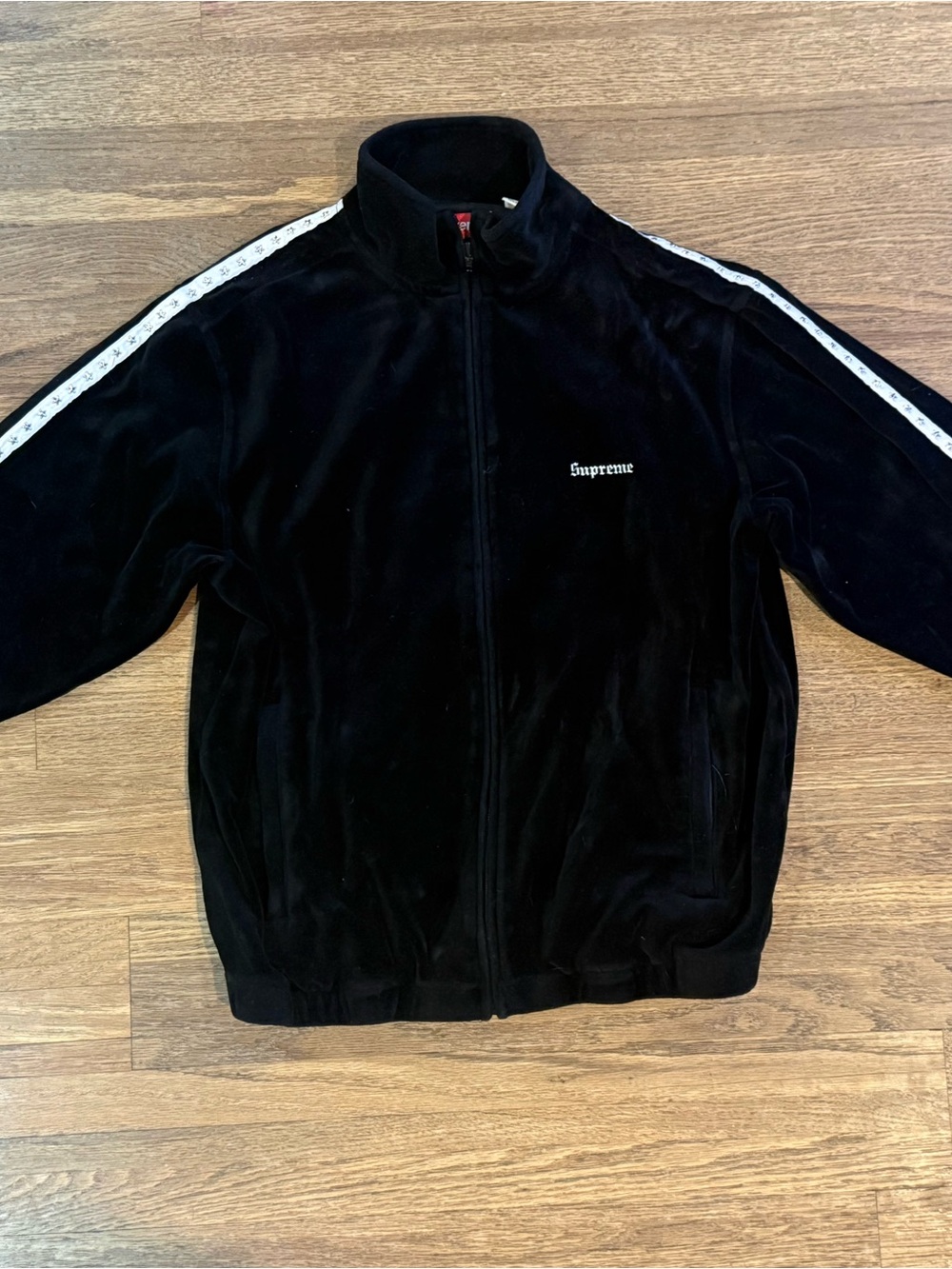 Supreme Black Velour Zip Track Jacket with White Stripe